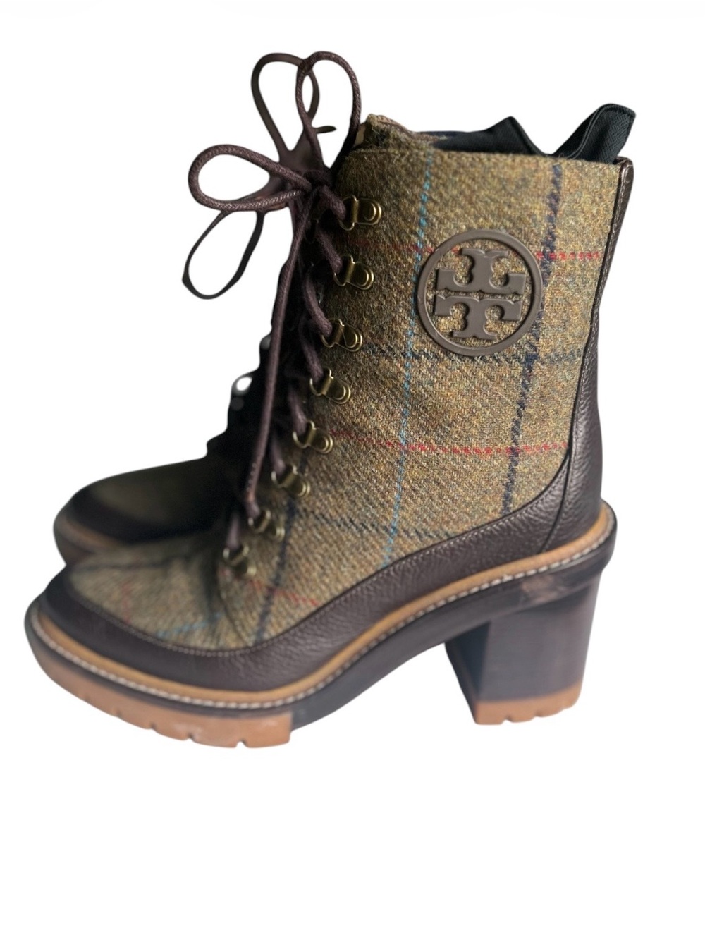 Tory Burch Miller Plaid Tweed Leather Lug Sole Lace Up Boots Size 9.5